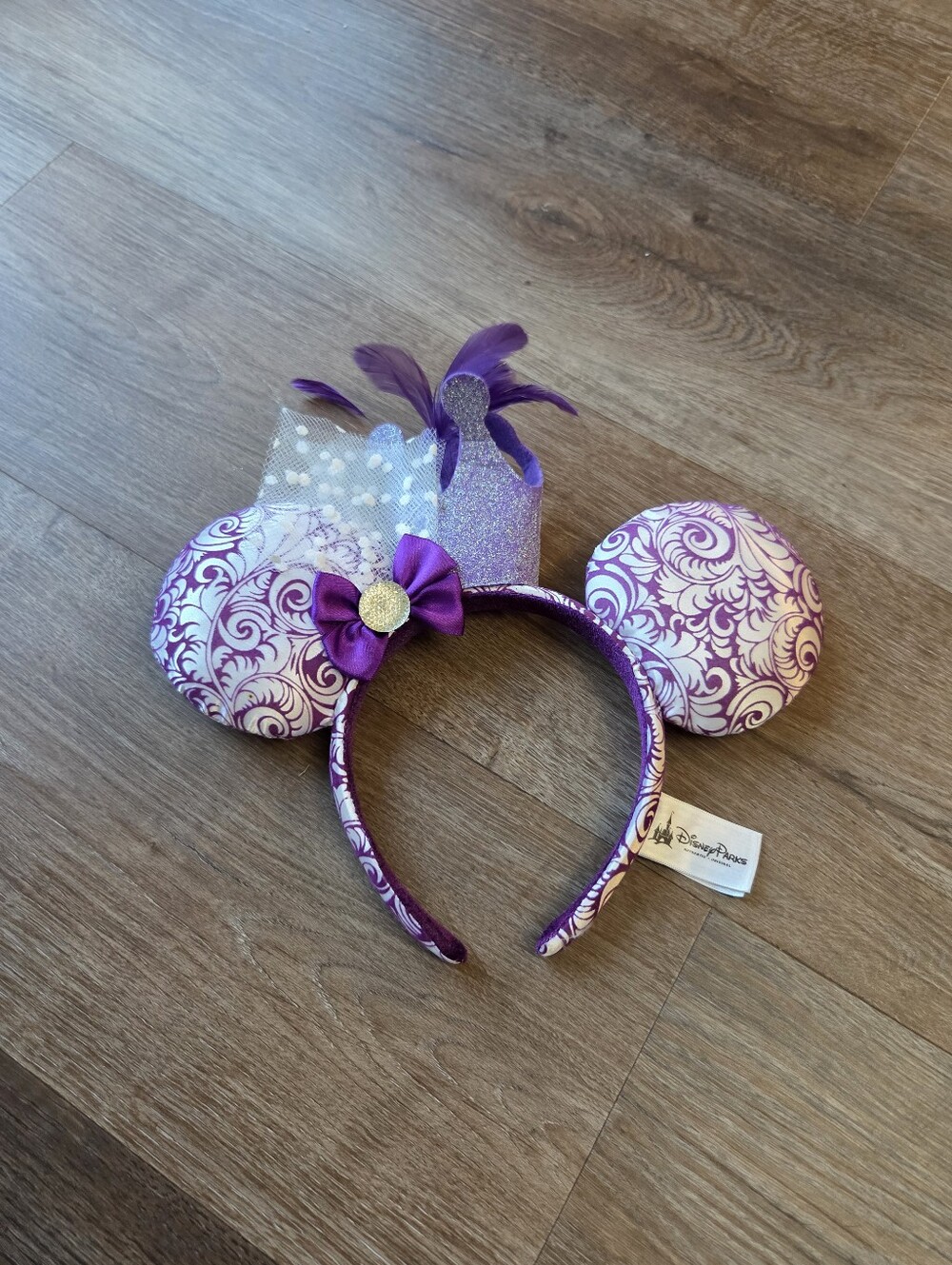 Disney Parks Minnie Mouse Bow Headband Ears, Purple Crown Feathers Jubilee